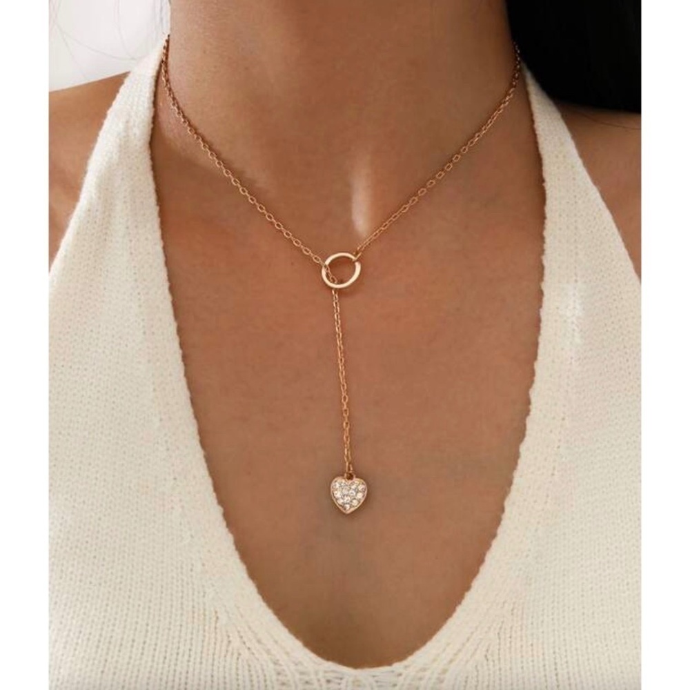NEW!! Gold Lariat Heart Rhinestone‎ Necklace Delicate Dainty Boho Festival